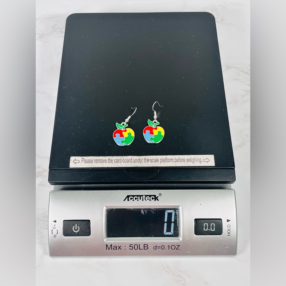 Autism Puzzle Piece Apple Earrings - Picture 6 of 8